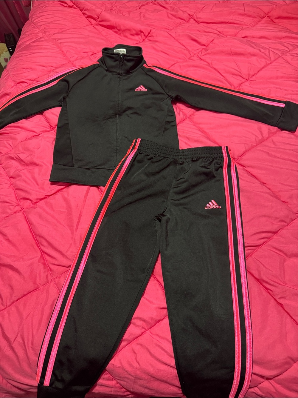 adidas Black Track Jacket and Pants with Pink Stripes